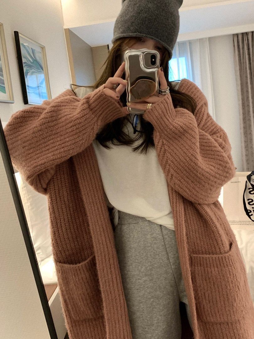 Womens Solid-Color Loose Hooded Sweater Jacket