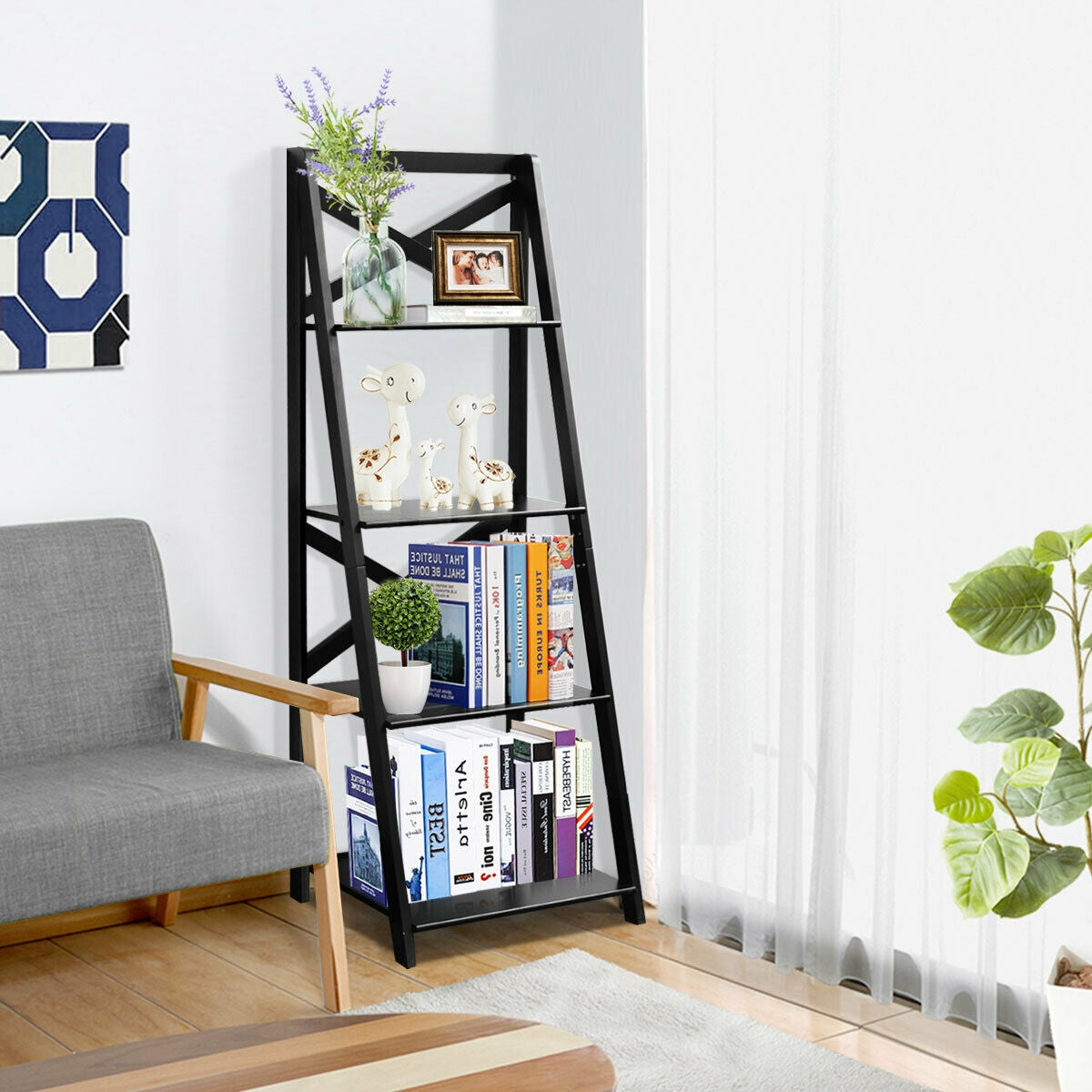 2 Pieces 4-Tier Wood Display Storage Bookshelf Set