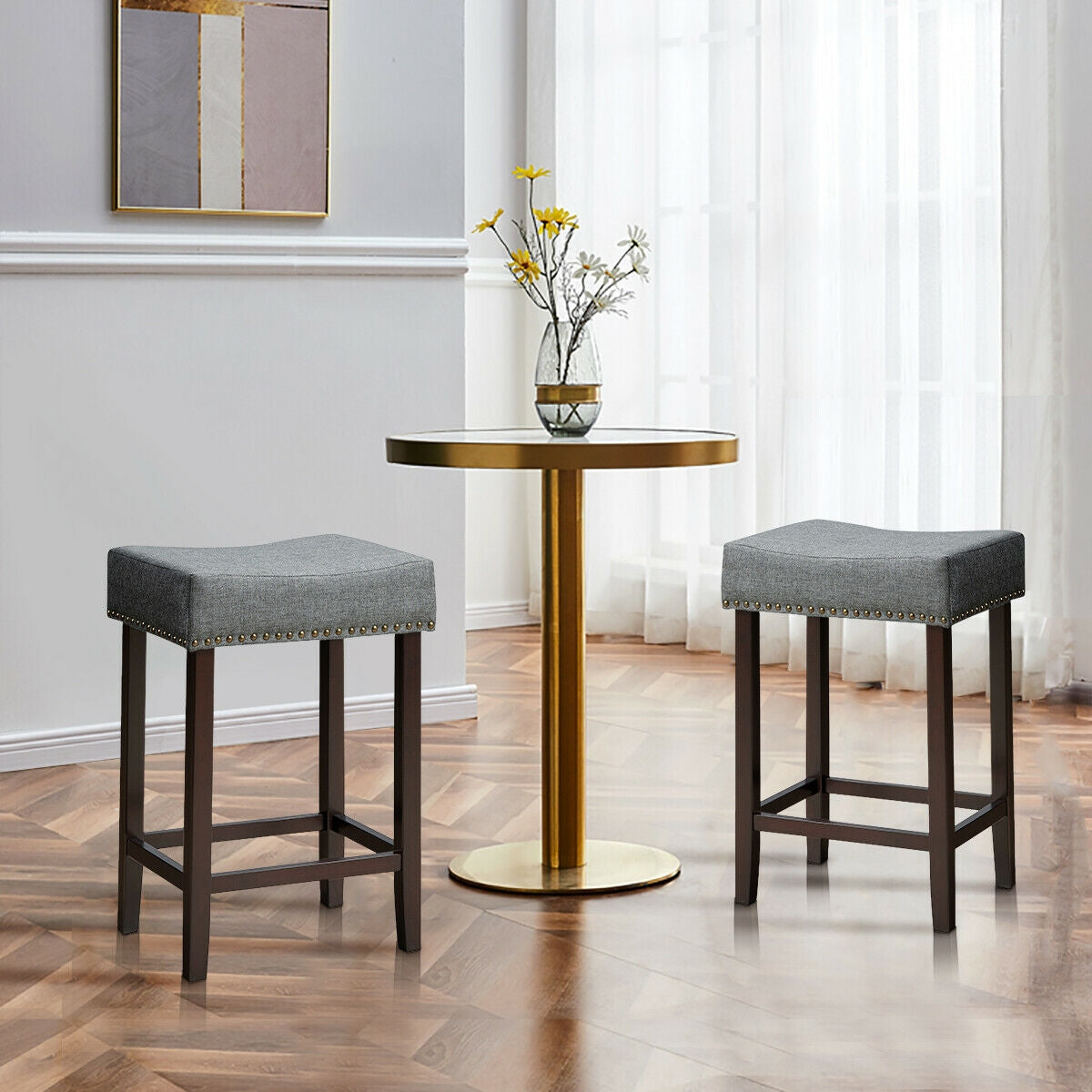 Set of 2 Nailhead Saddle Bar Stools 24 Inch Height