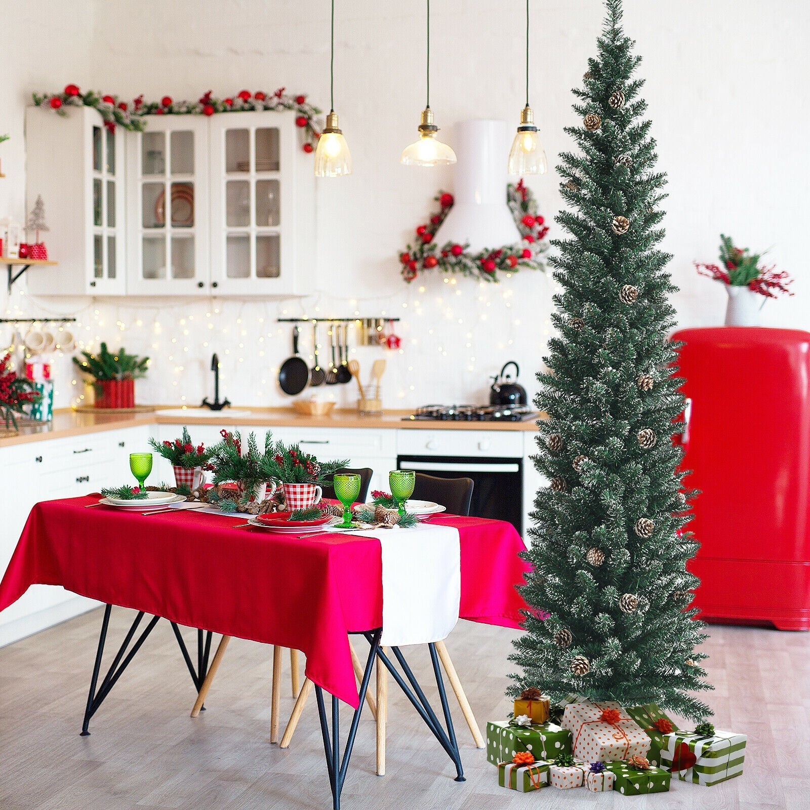 Snowy Artificial Pencil Christmas Tree with Pine Cones