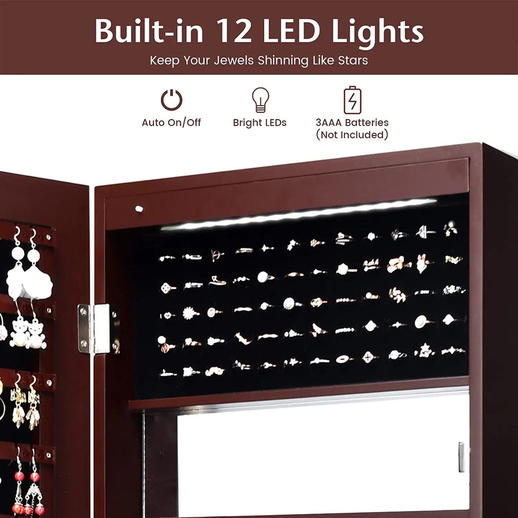 Lockable Wall Door Mounted Mirror Jewelry Cabinet w/LED Lights