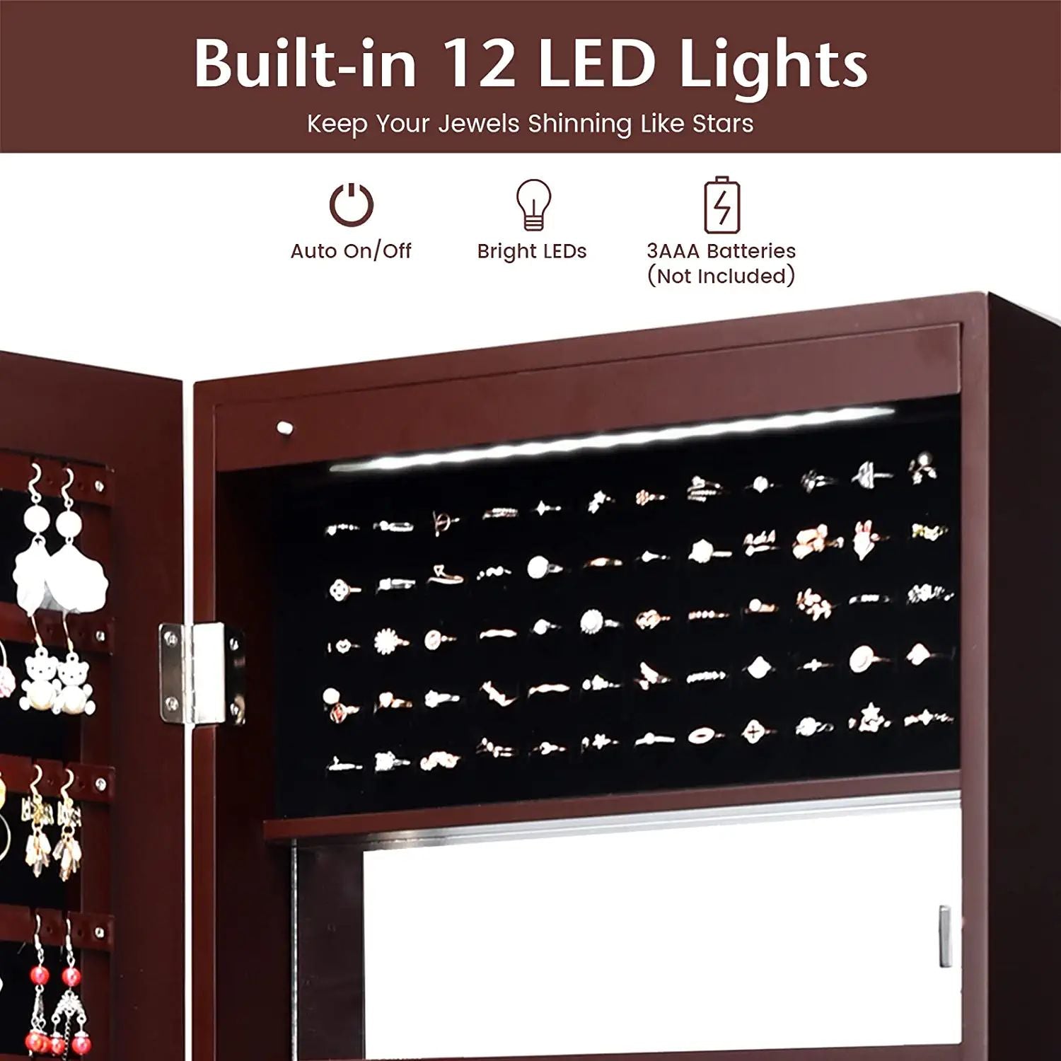 Lockable Wall Door Mounted Mirror Jewelry Cabinet w/LED Lights