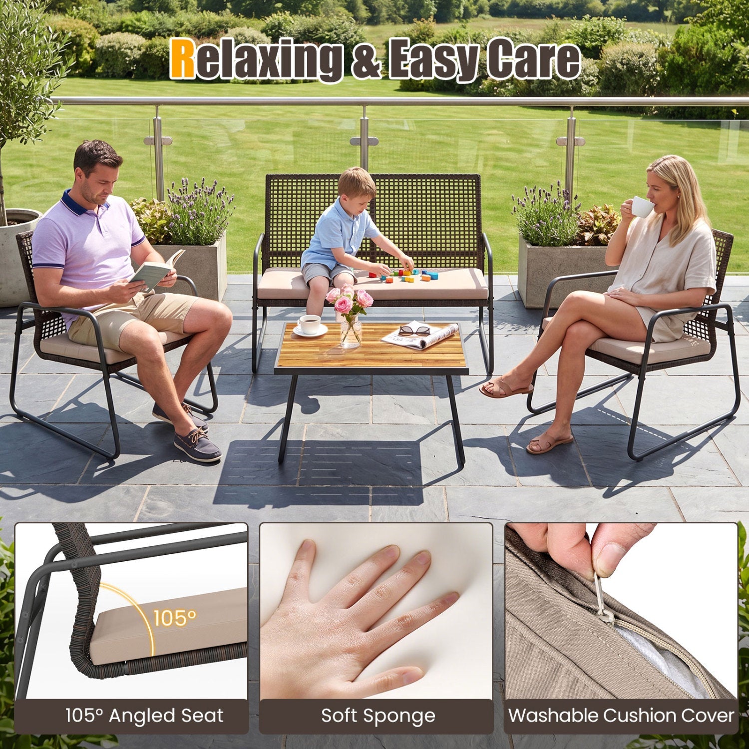 4-Piece Patio Furniture Set with Acacia Wood Coffee Table