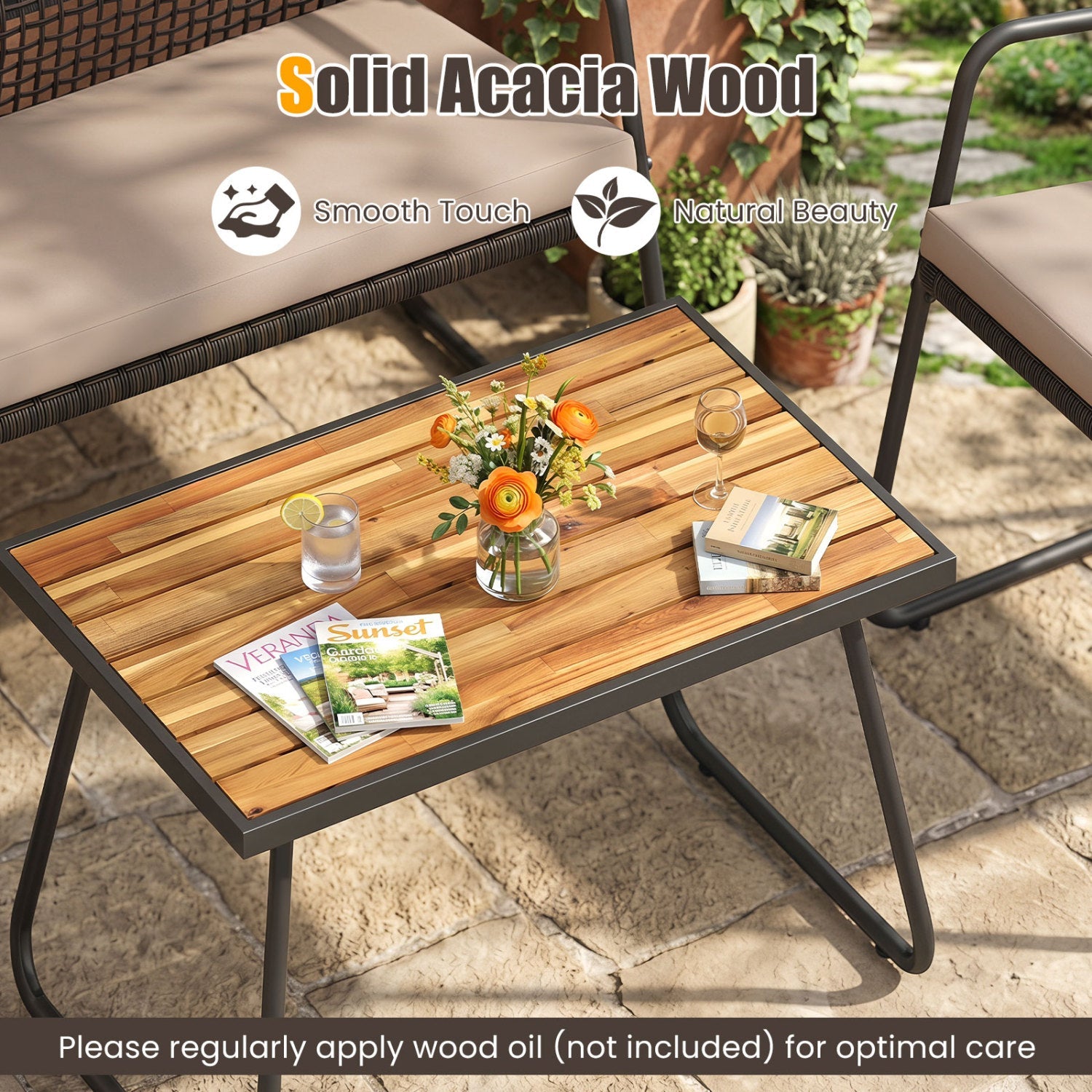 4-Piece Patio Furniture Set with Acacia Wood Coffee Table