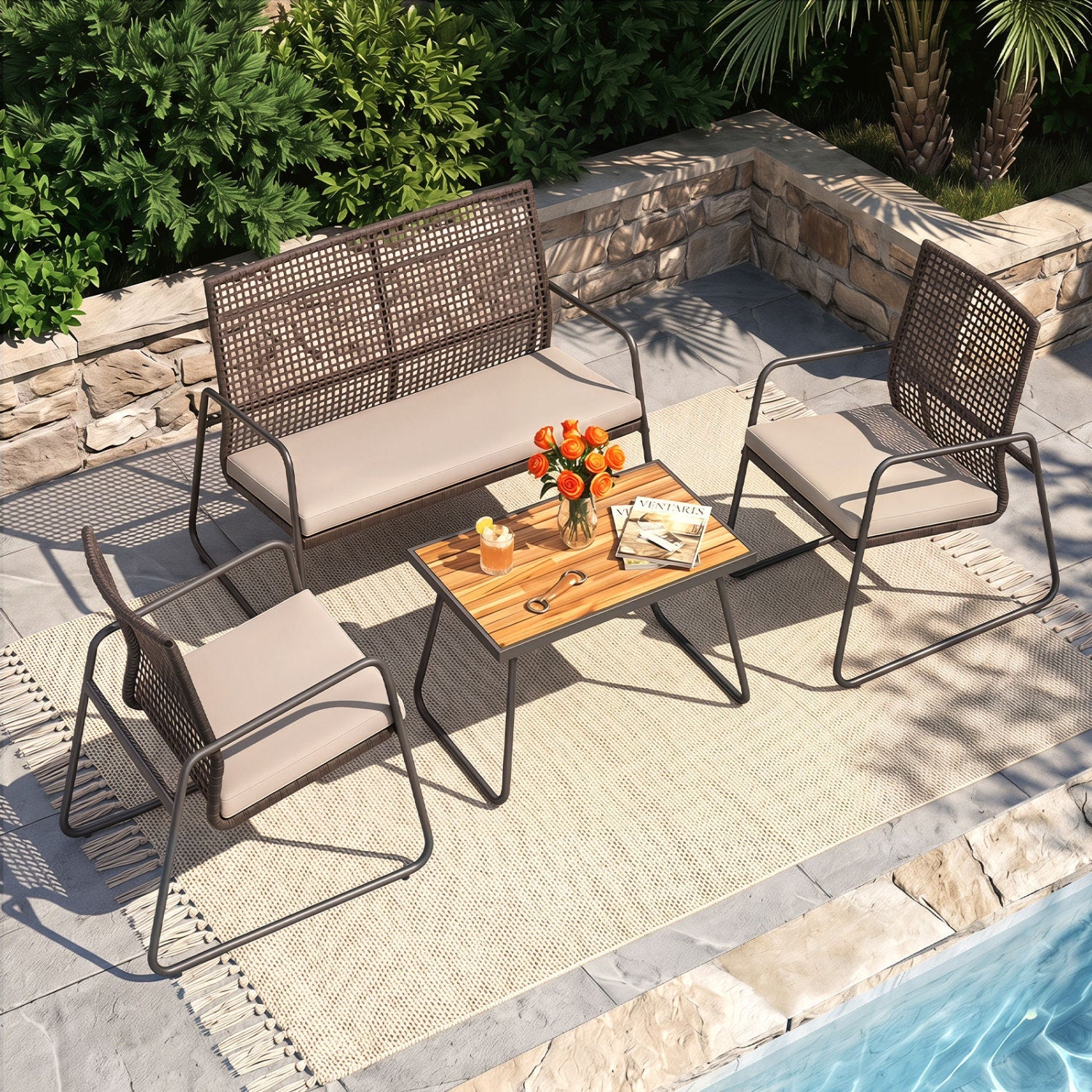 4-Piece Patio Furniture Set with Acacia Wood Coffee Table