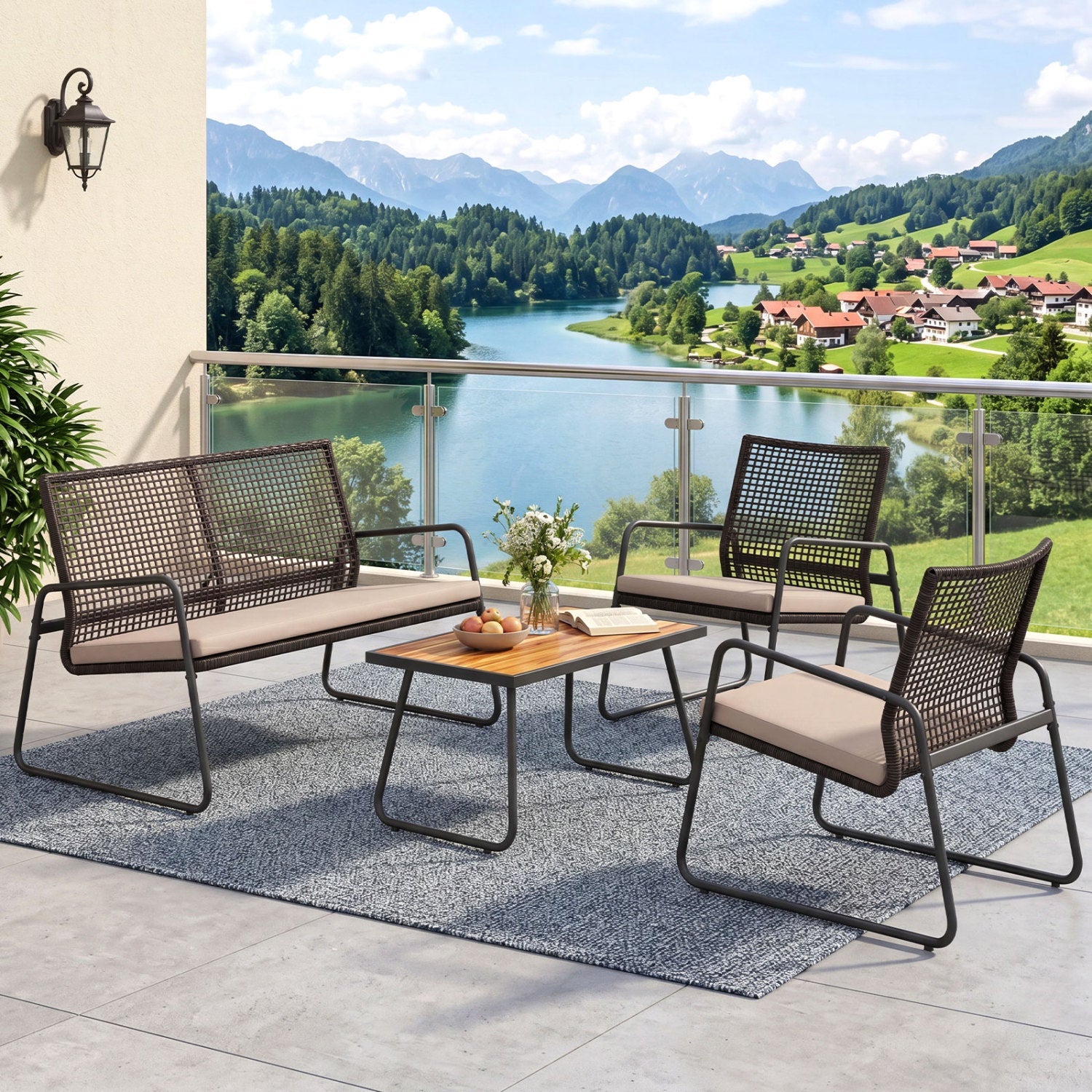 4-Piece Patio Furniture Set with Acacia Wood Coffee Table