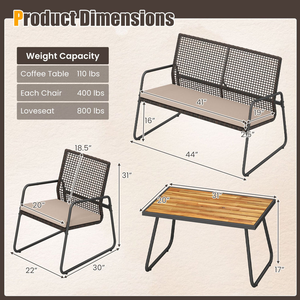 4-Piece Patio Furniture Set with Acacia Wood Coffee Table