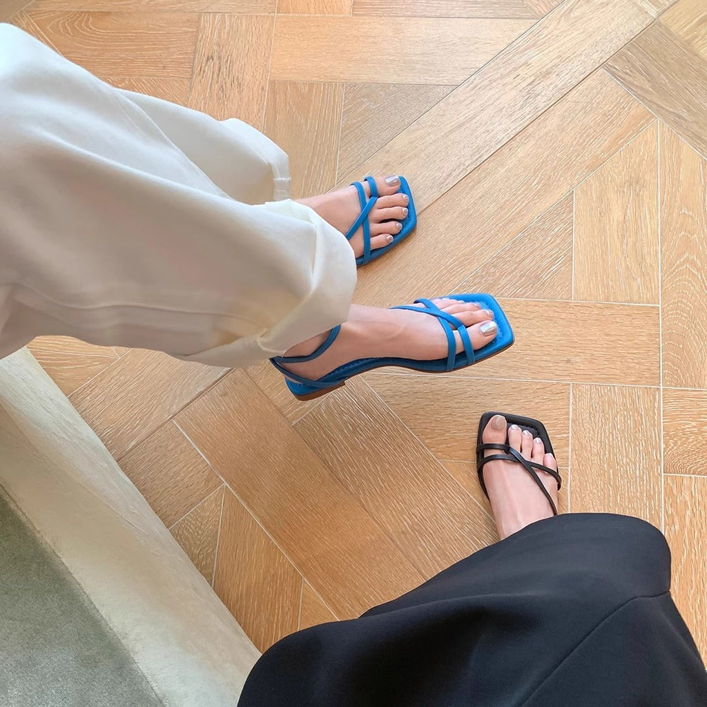 Square-toe Cross-strap Thong-style Flat Sandals