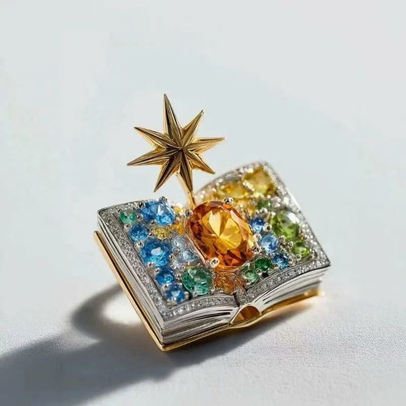 Fashionable Fully Diamond-encrusted Eight-pointed Star Fairy Book Brooch
