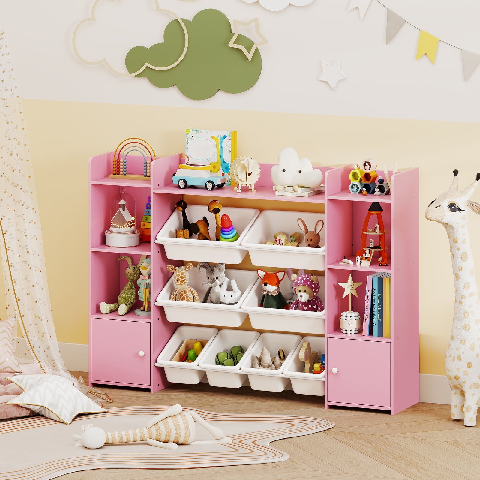56 inch Large Toy Storage Organizer with 8 Removable Bins and Bookshelf