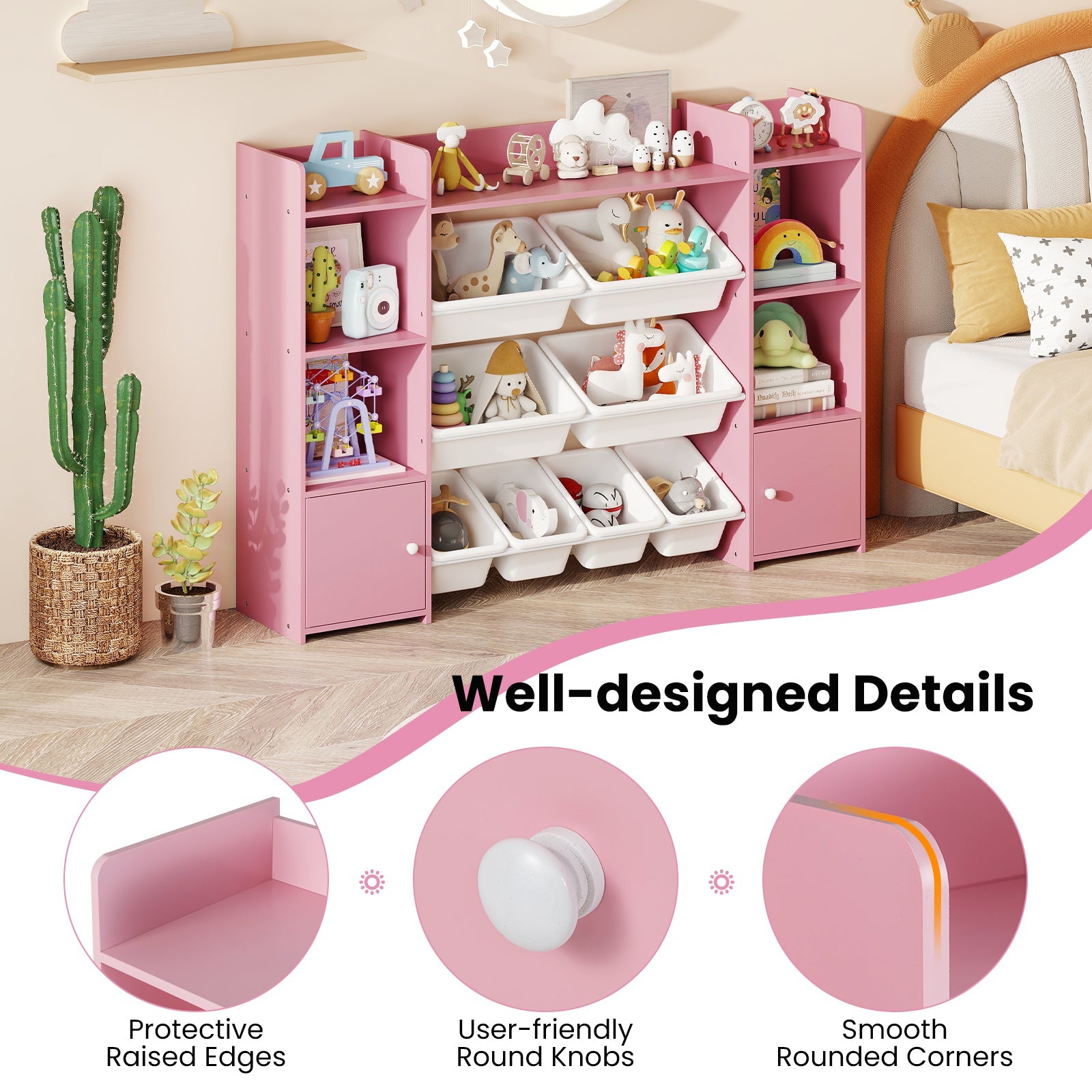 56 inch Large Toy Storage Organizer with 8 Removable Bins and Bookshelf