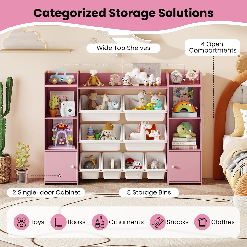 56 inch Large Toy Storage Organizer with 8 Removable Bins and Bookshelf