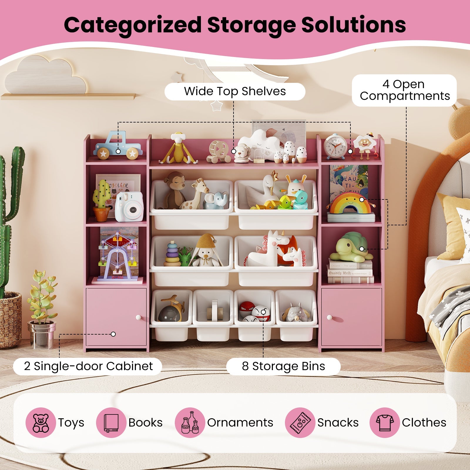 56 inch Large Toy Storage Organizer with 8 Removable Bins and Bookshelf