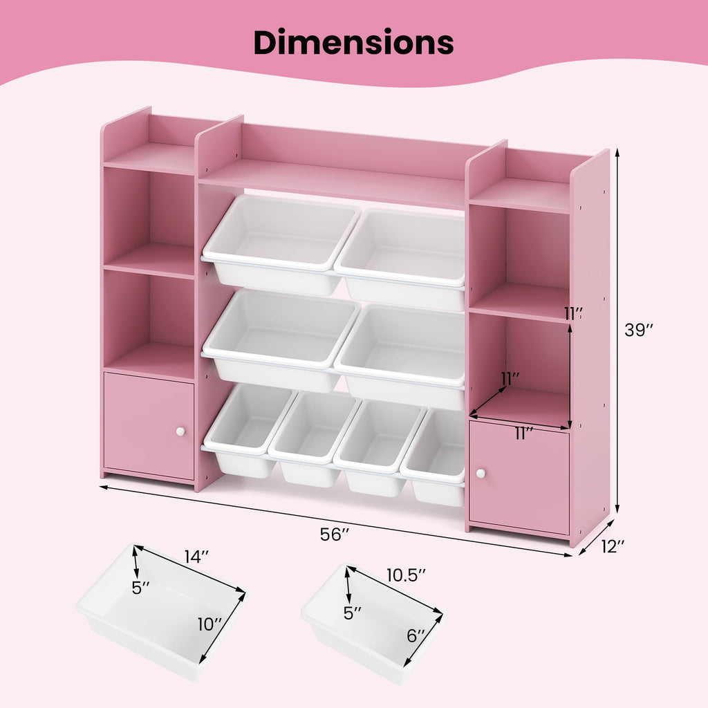 56 inch Large Toy Storage Organizer with 8 Removable Bins and Bookshelf