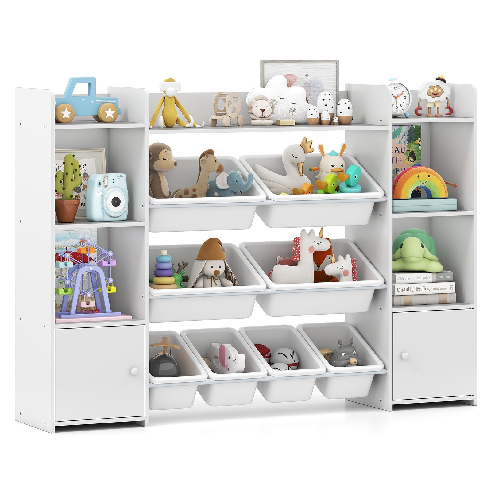 56 inch Large Toy Storage Organizer with 8 Removable Bins and Bookshelf