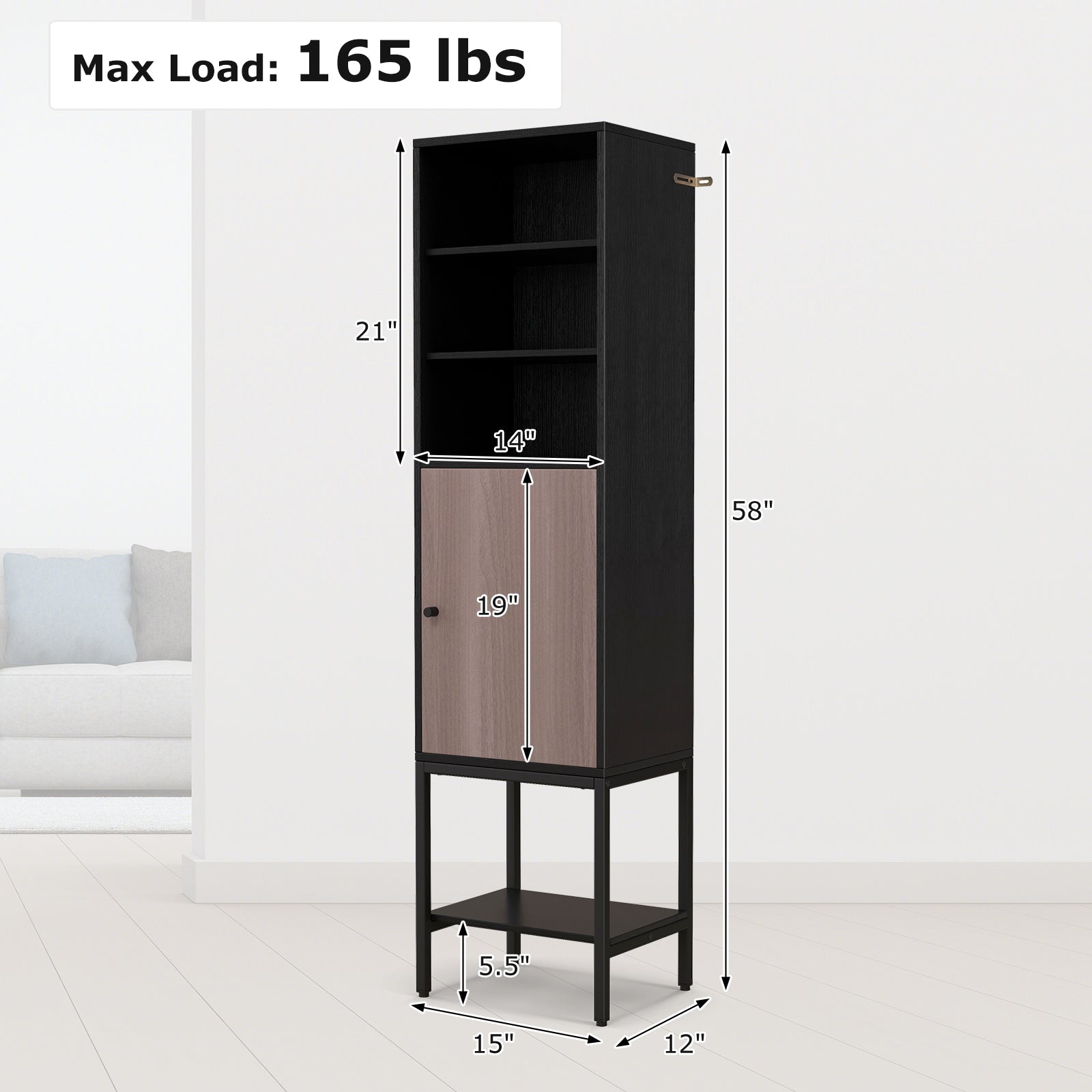 57 Inch Bathroom Tall Cabinet with 1 Door and 4 Shelves Narrow Storage Unit