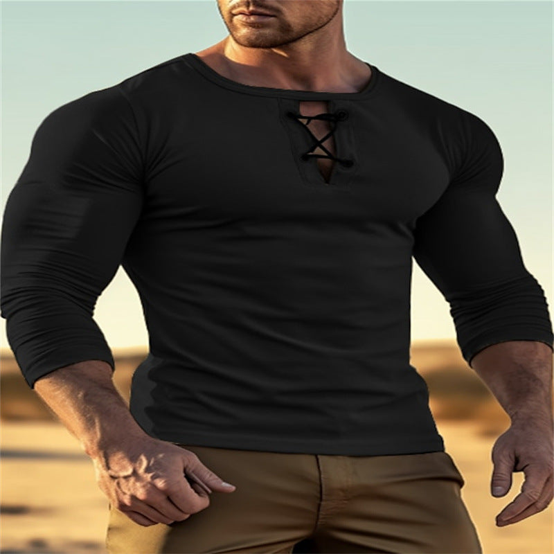 Mens Round-neck Solid-color Long-sleeve Top With Buttons