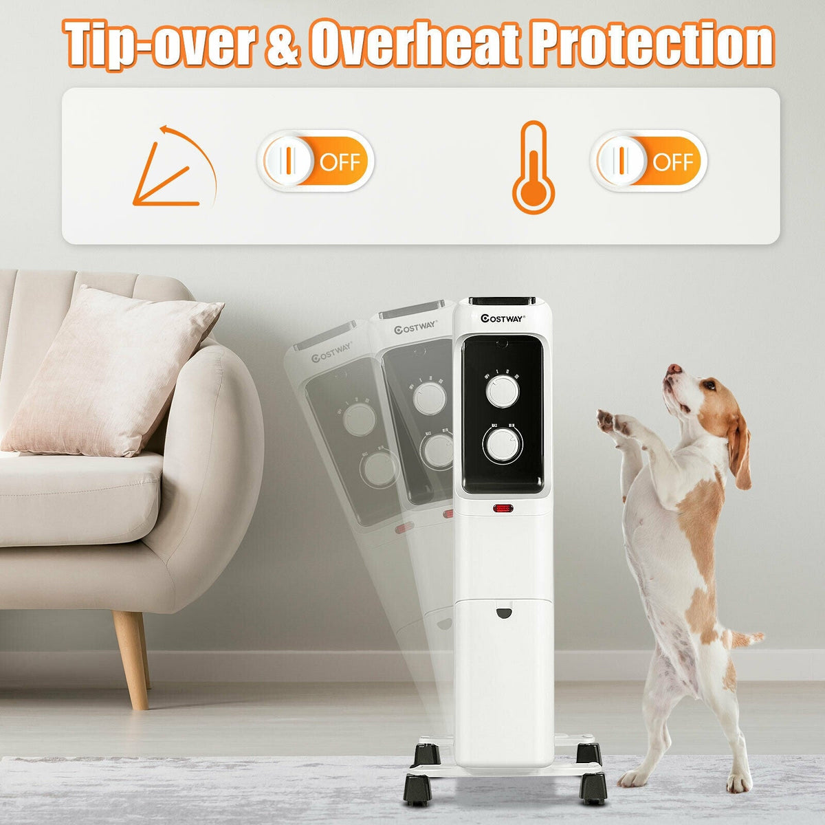 1500W Oil Filled Portable Radiator Space Heater with Adjustable Thermostat