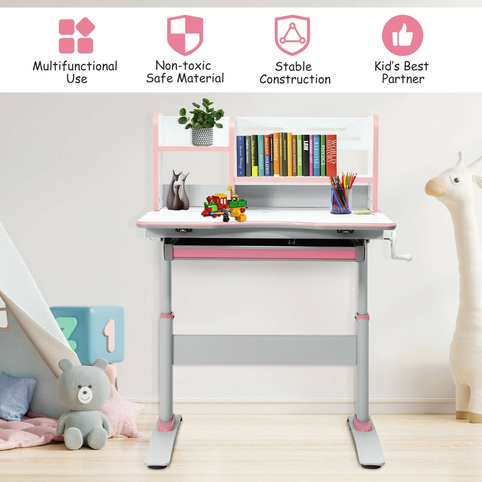 Kids Multifunctional Writing Desk with Tilt Desktop and Book Shelf