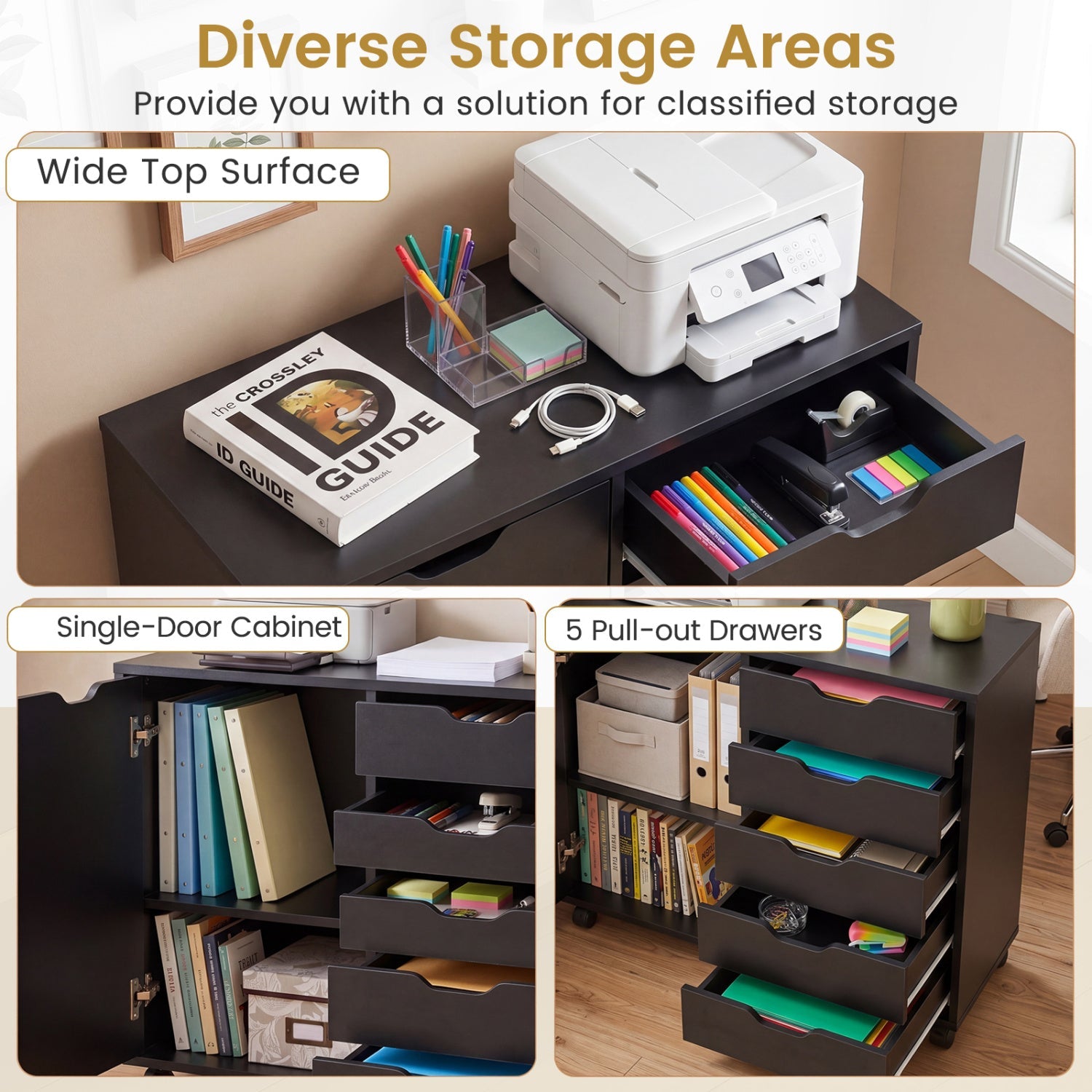 5-Drawer Mobile Storage Cabinet with Adjustable Shelf