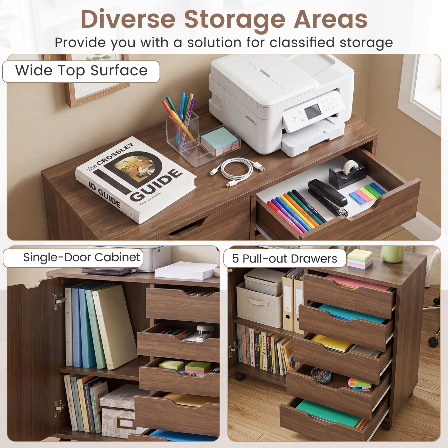 5-Drawer Mobile Storage Cabinet with Adjustable Shelf