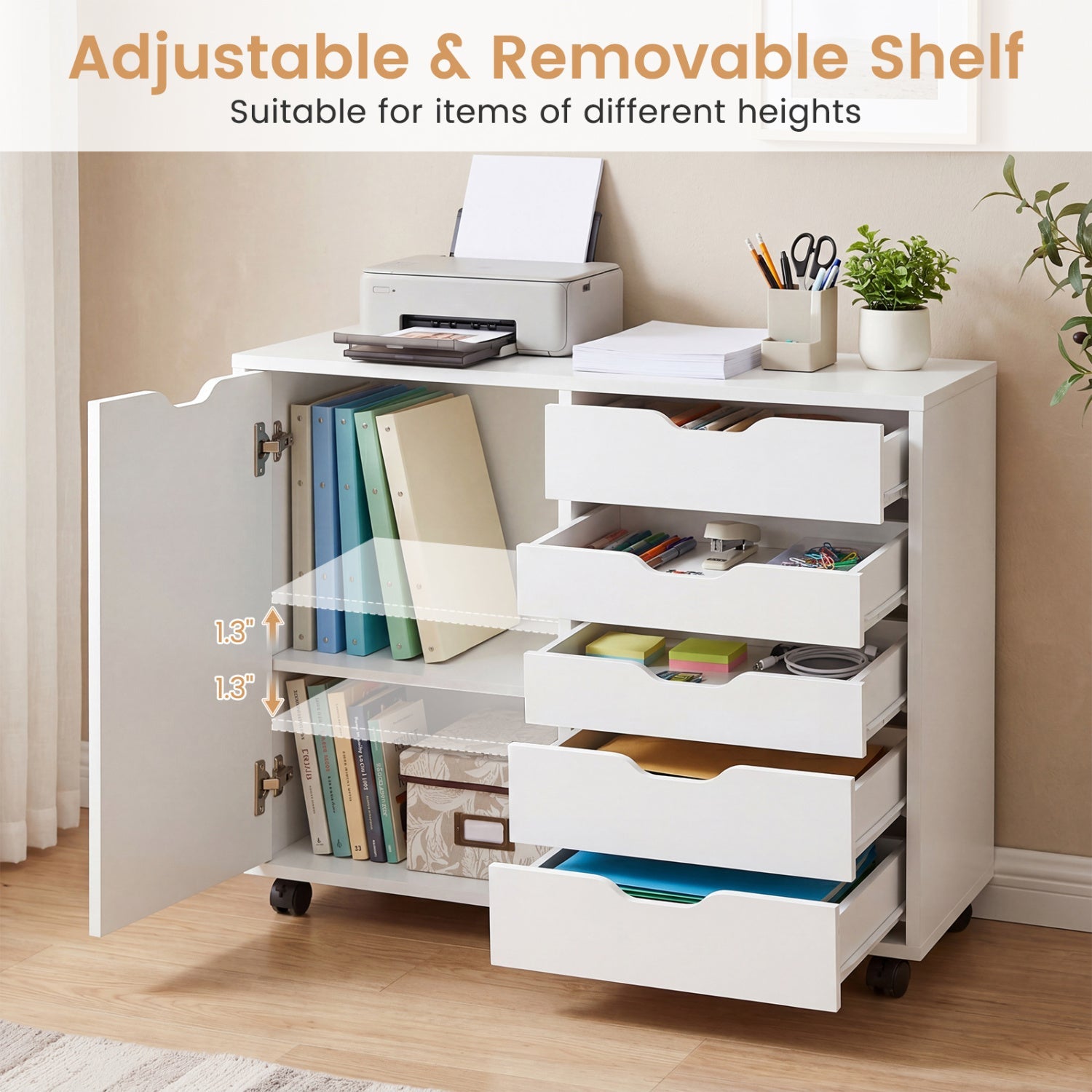 5-Drawer Mobile Storage Cabinet with Adjustable Shelf