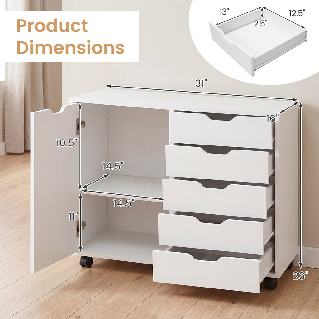 5-Drawer Mobile Storage Cabinet with Adjustable Shelf
