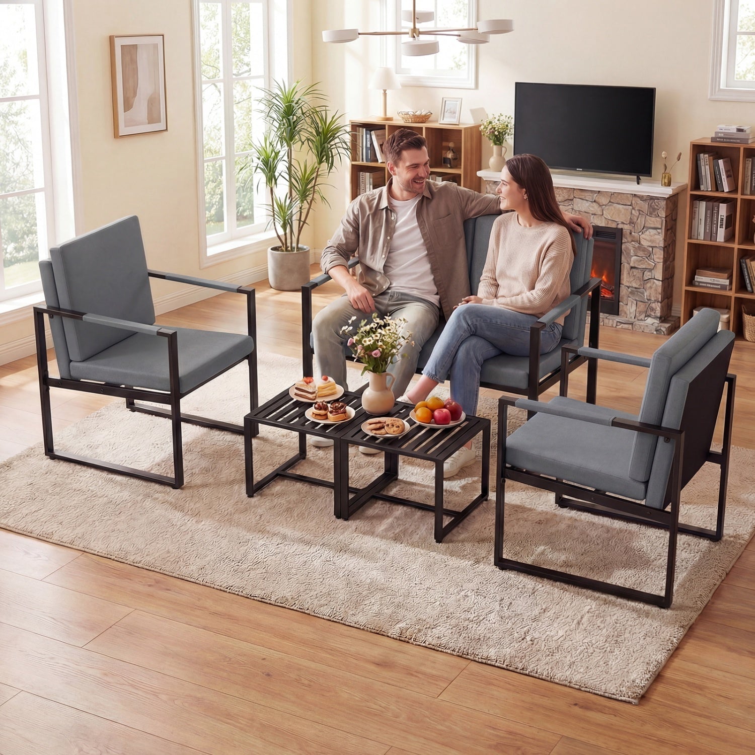 5 Pieces Living Room Set with 2 Accent Chairs and 2 Coffee Tables