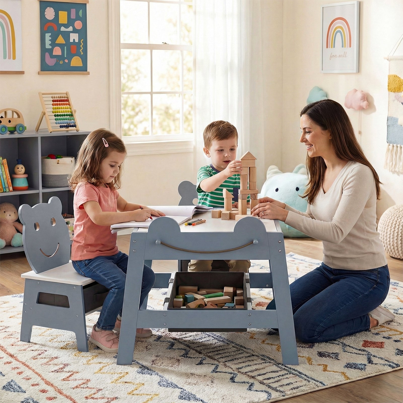 5-in-1 Toddler Table and 2 Chairs Cute Art Desk Set with Reversible Chalkboard Whiteboard
