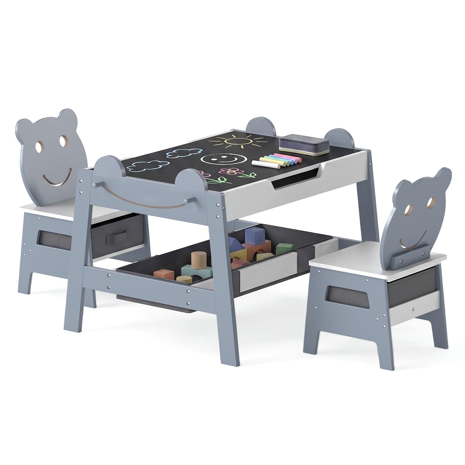 5-in-1 Toddler Table and 2 Chairs Cute Art Desk Set with Reversible Chalkboard Whiteboard