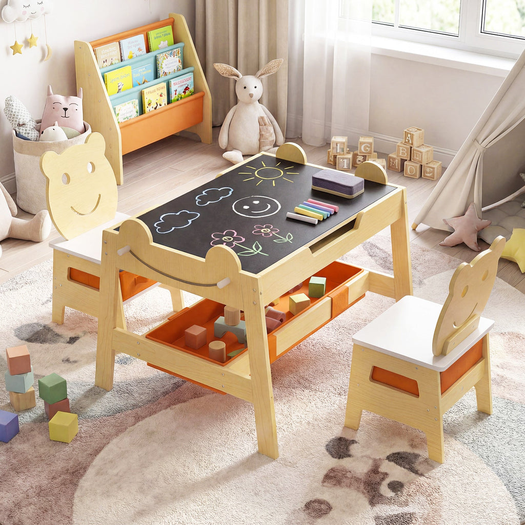 5-in-1 Toddler Table and 2 Chairs Cute Art Desk Set with Reversible Chalkboard Whiteboard
