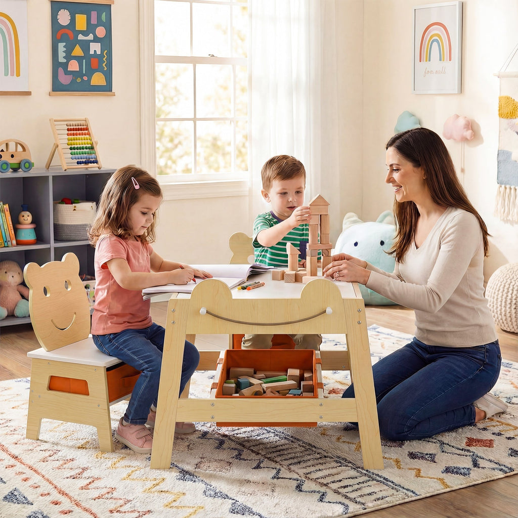 5-in-1 Toddler Table and 2 Chairs Cute Art Desk Set with Reversible Chalkboard Whiteboard