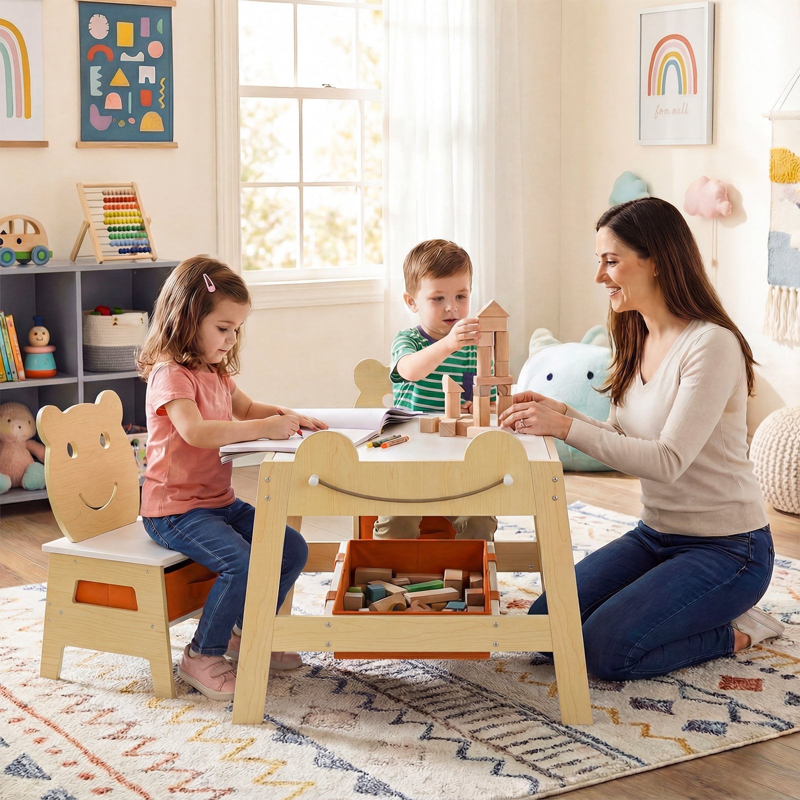 5-in-1 Toddler Table and 2 Chairs Cute Art Desk Set with Reversible Chalkboard Whiteboard