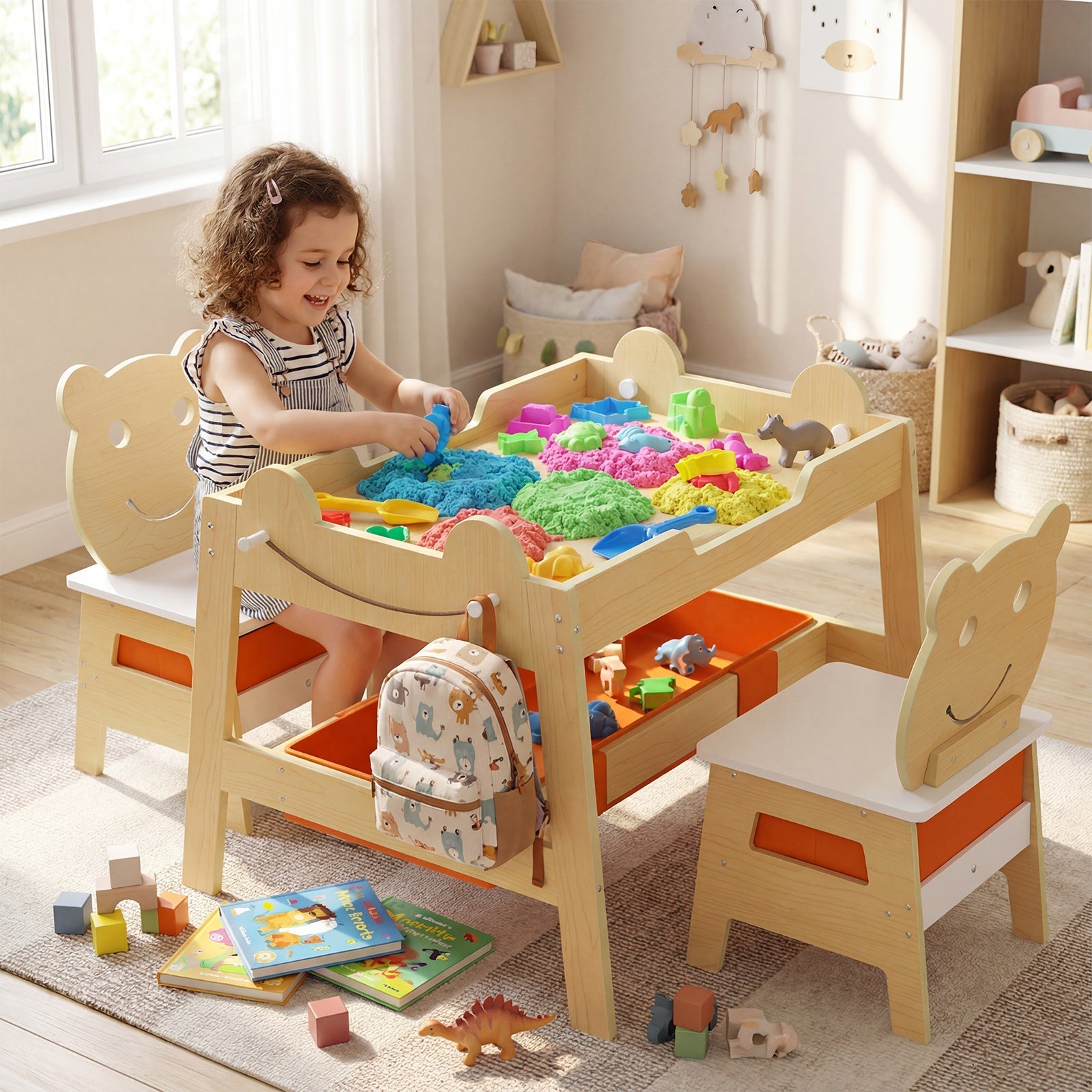 5-in-1 Toddler Table and 2 Chairs Cute Art Desk Set with Reversible Chalkboard Whiteboard