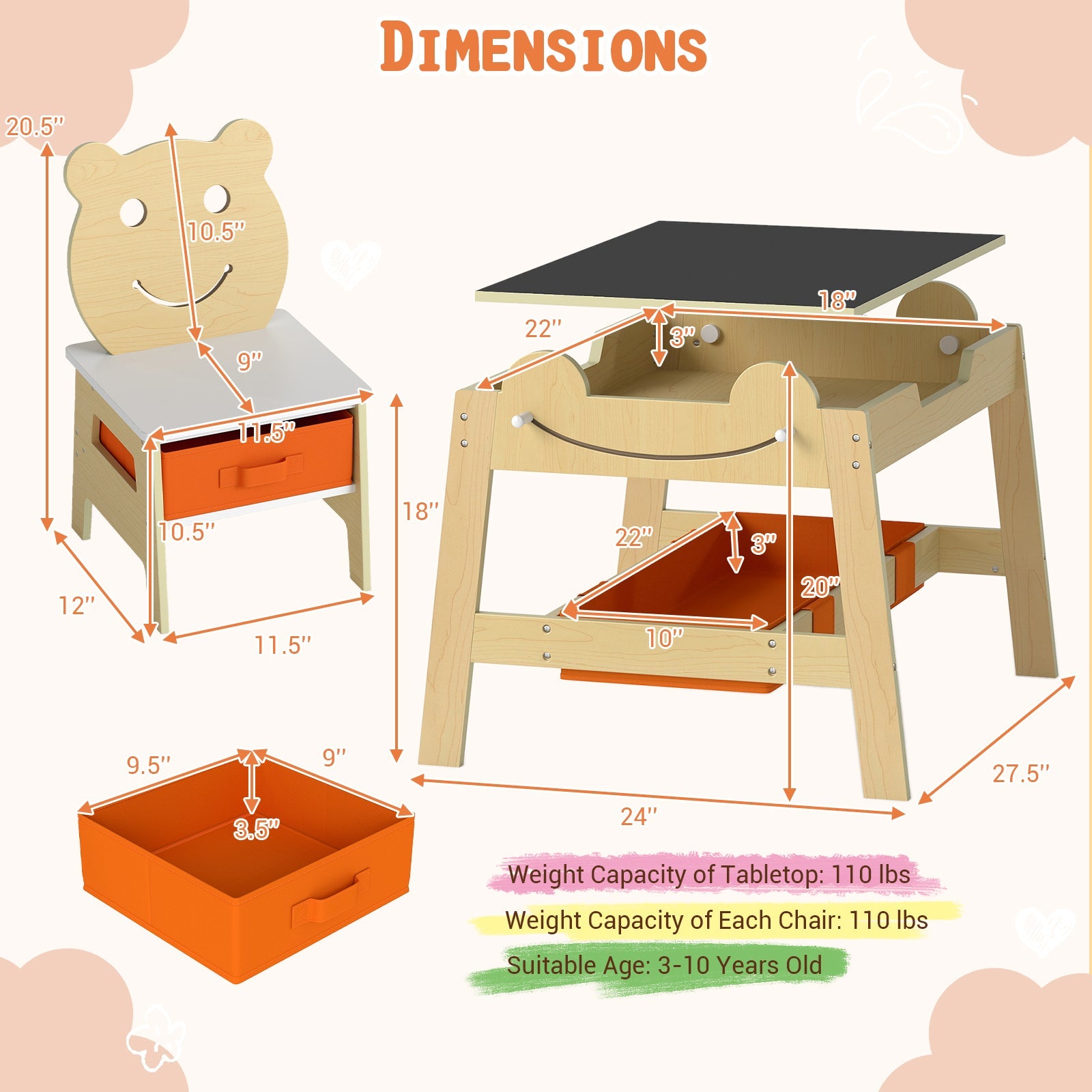 5-in-1 Toddler Table and 2 Chairs Cute Art Desk Set with Reversible Chalkboard Whiteboard