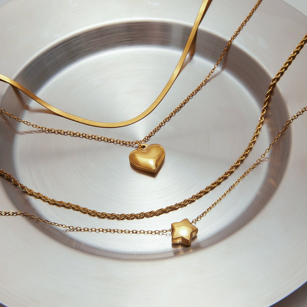 18K gold double chain with heart/star design exquisite simple necklace
