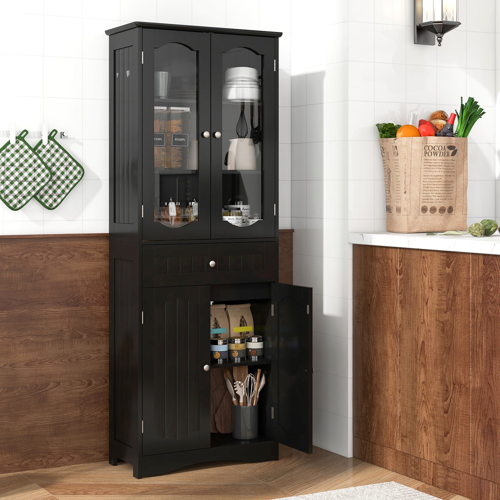 63 Inch Tall Bathroom Storage Cabinet with 2 Glass Doors and Adjustable Shelves Drawer