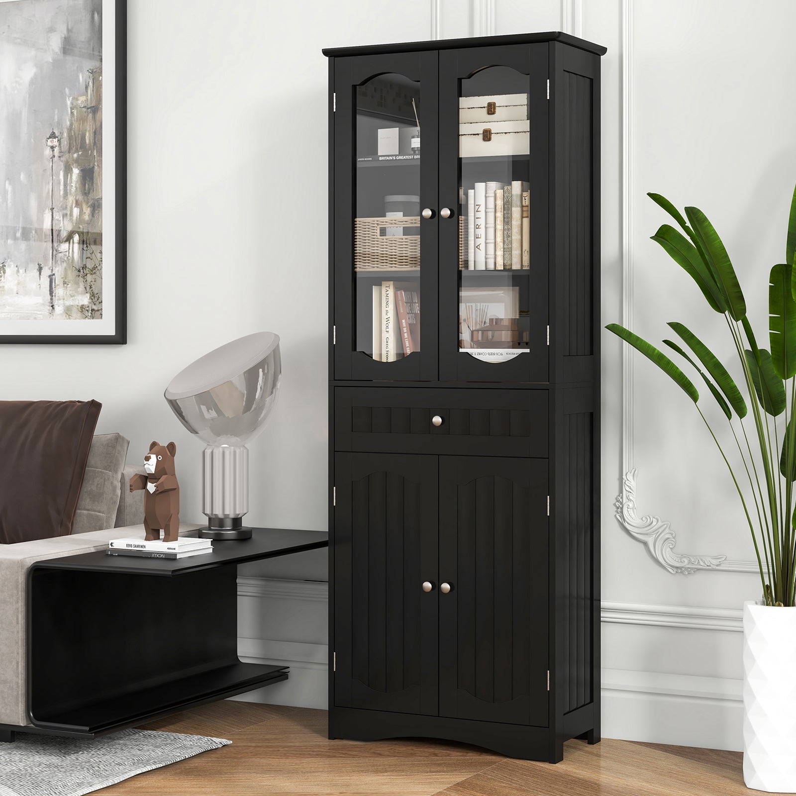 63 Inch Tall Bathroom Storage Cabinet with 2 Glass Doors and Adjustable Shelves Drawer
