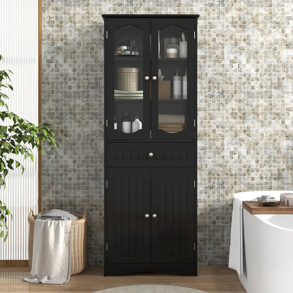 63 Inch Tall Bathroom Storage Cabinet with 2 Glass Doors and Adjustable Shelves Drawer