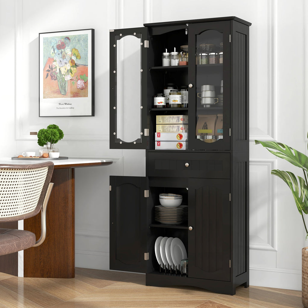 63 Inch Tall Bathroom Storage Cabinet with 2 Glass Doors and Adjustable Shelves Drawer