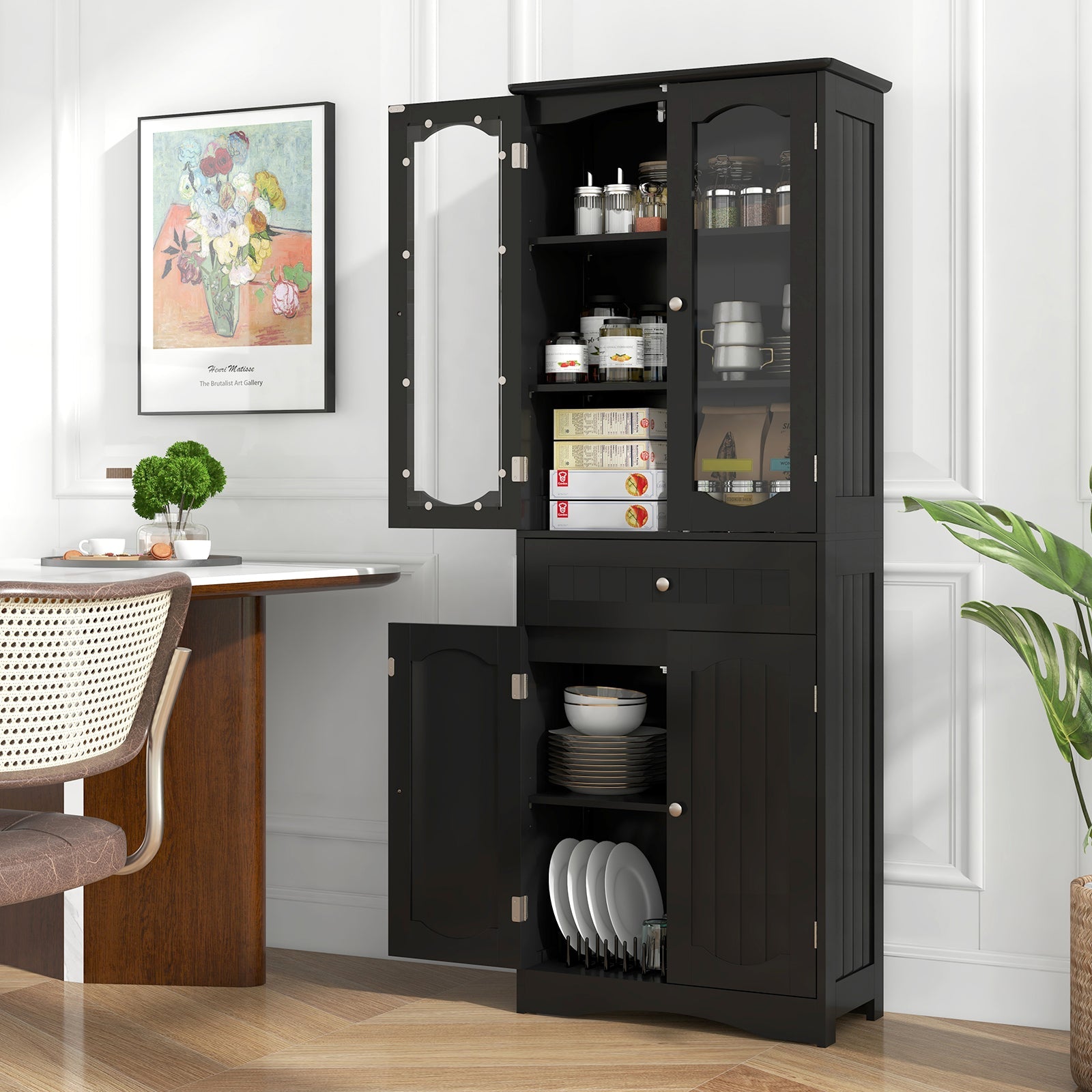 63 Inch Tall Bathroom Storage Cabinet with 2 Glass Doors and Adjustable Shelves Drawer