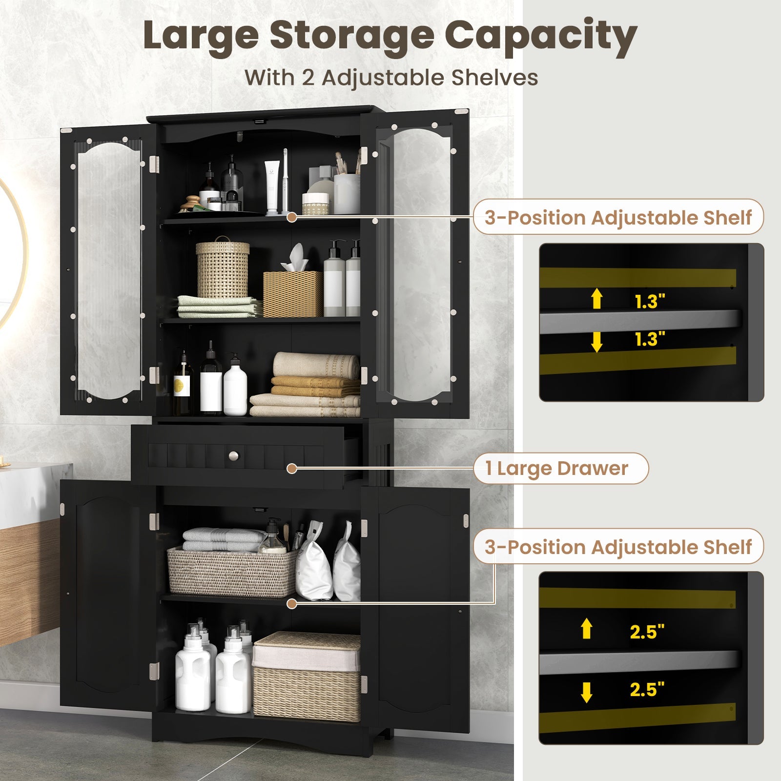 63 Inch Tall Bathroom Storage Cabinet with 2 Glass Doors and Adjustable Shelves Drawer