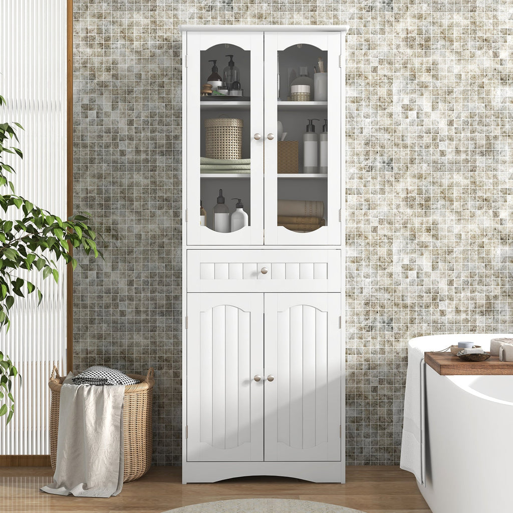 63 Inch Tall Bathroom Storage Cabinet with 2 Glass Doors and Adjustable Shelves Drawer