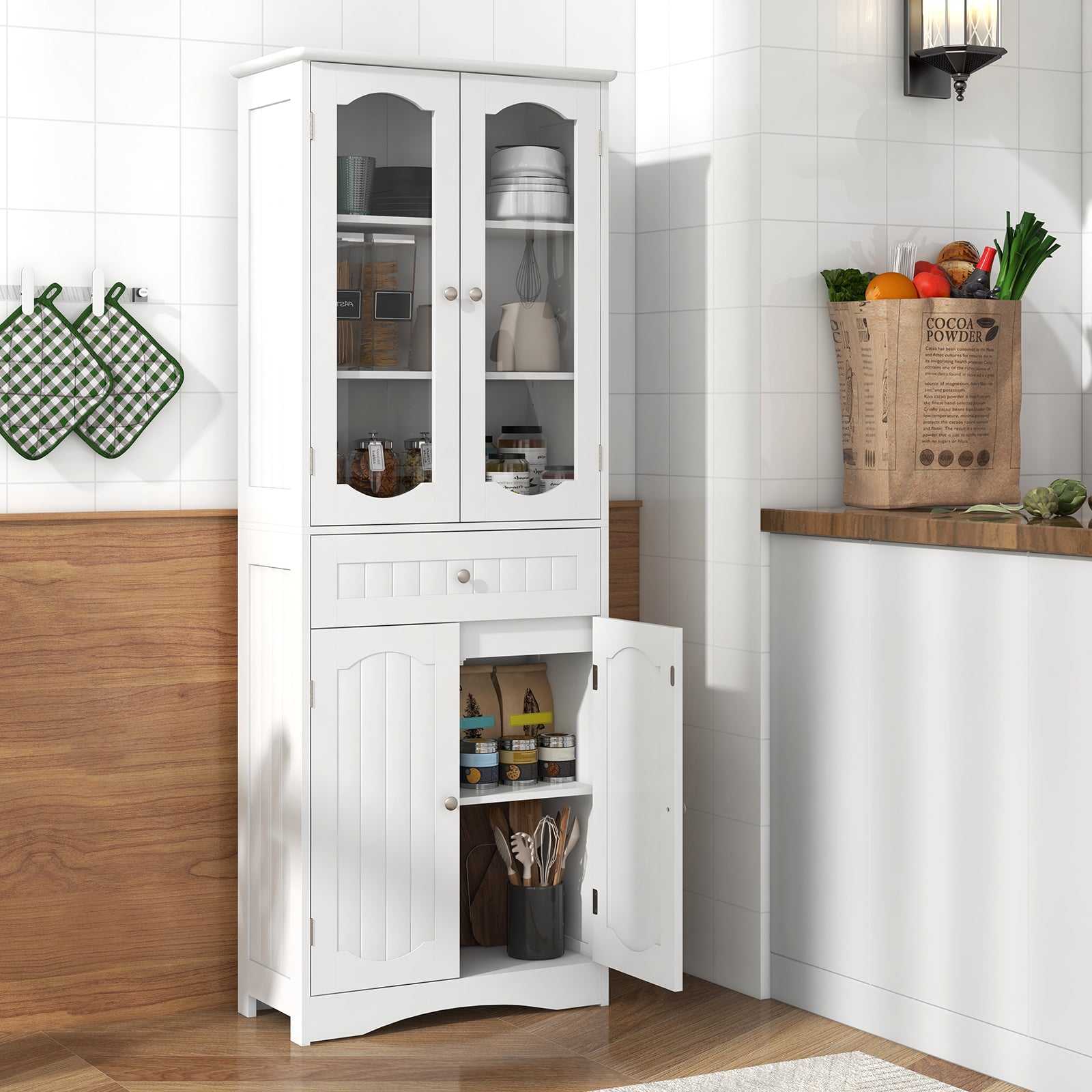 63 Inch Tall Bathroom Storage Cabinet with 2 Glass Doors and Adjustable Shelves Drawer