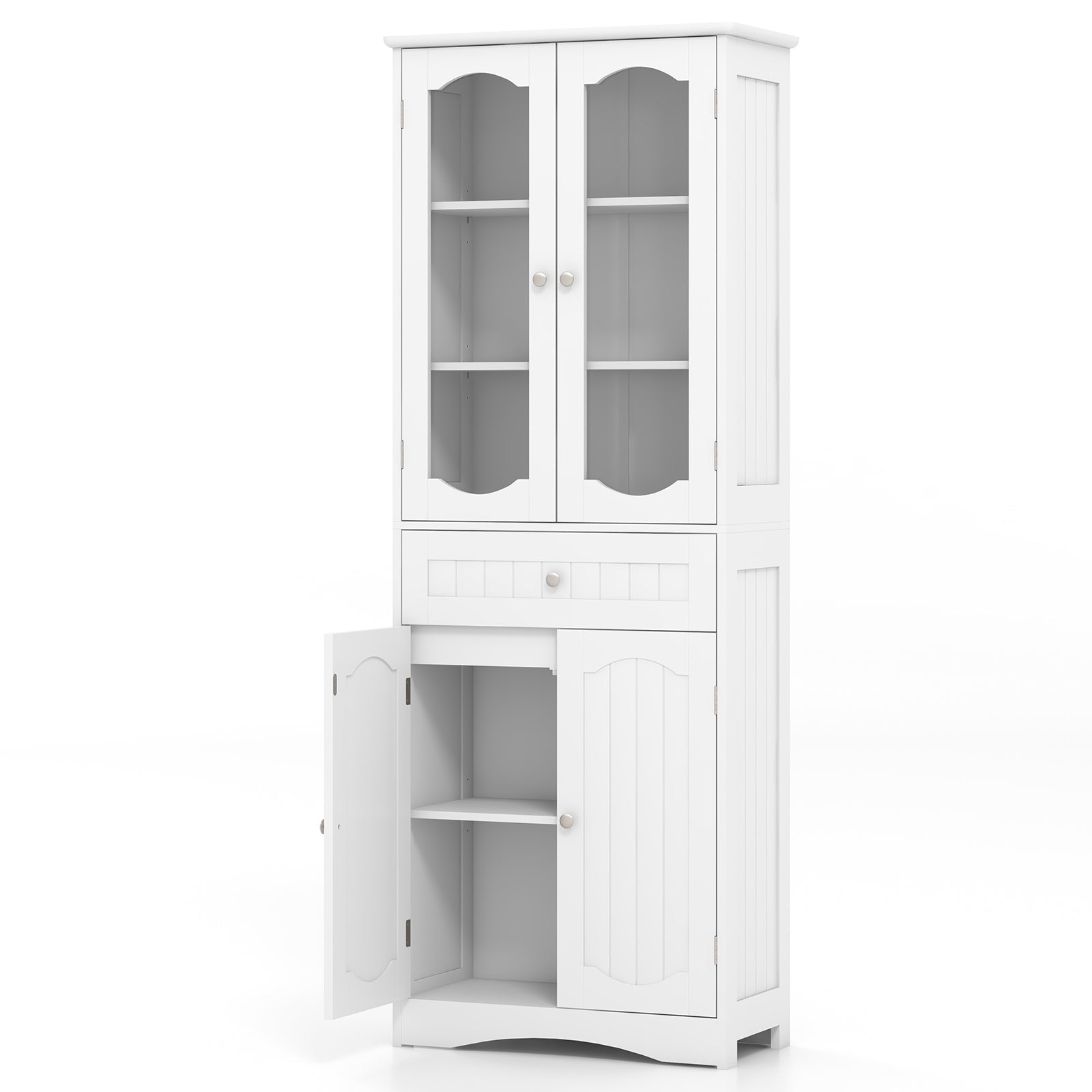 63 Inch Tall Bathroom Storage Cabinet with 2 Glass Doors and Adjustable Shelves Drawer