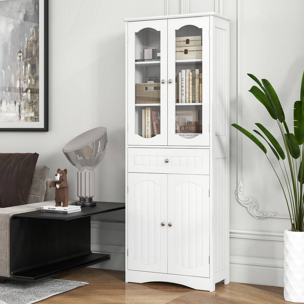 63 Inch Tall Bathroom Storage Cabinet with 2 Glass Doors and Adjustable Shelves Drawer