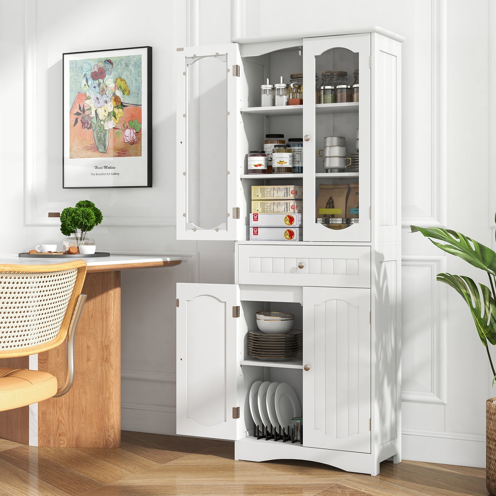 63 Inch Tall Bathroom Storage Cabinet with 2 Glass Doors and Adjustable Shelves Drawer