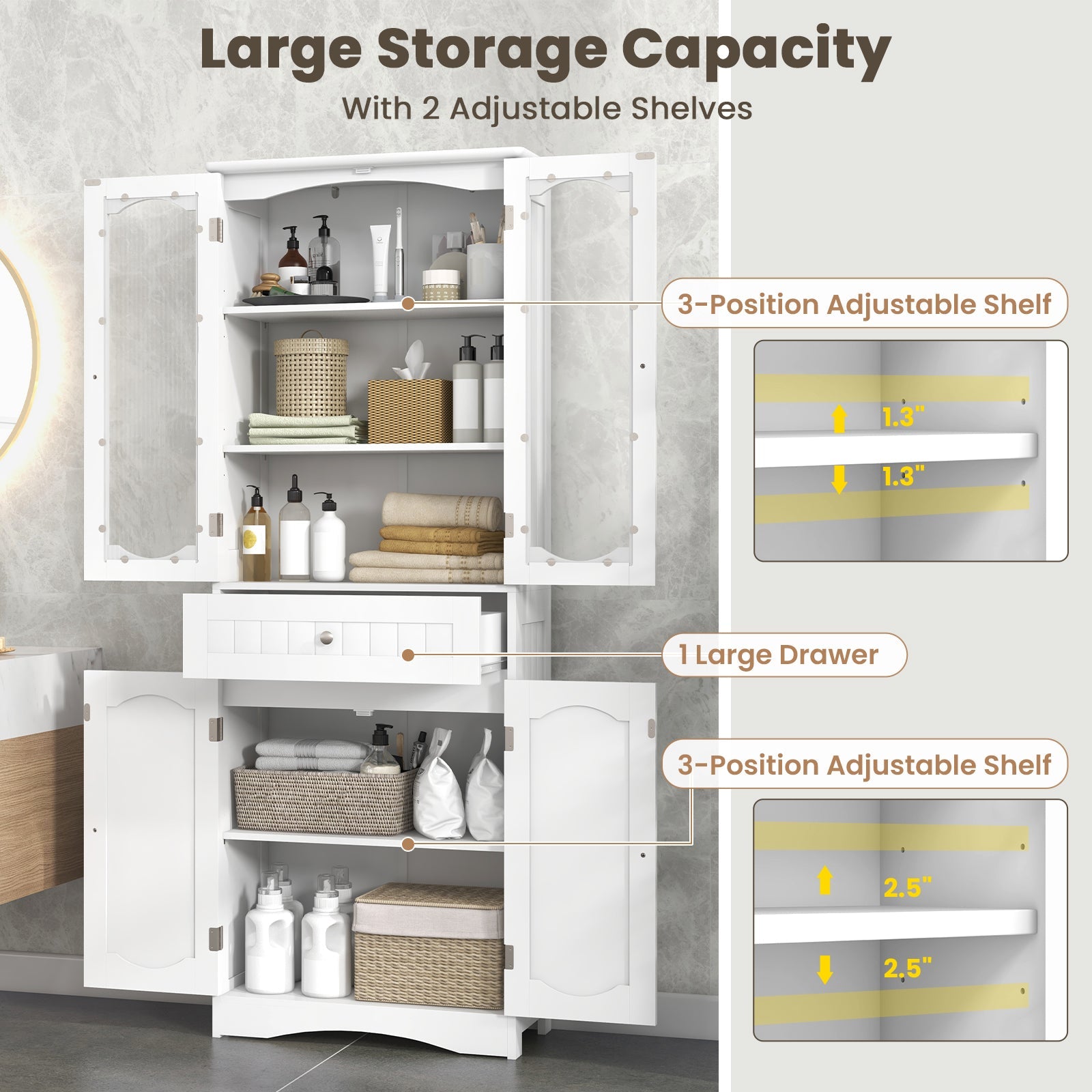 63 Inch Tall Bathroom Storage Cabinet with 2 Glass Doors and Adjustable Shelves Drawer