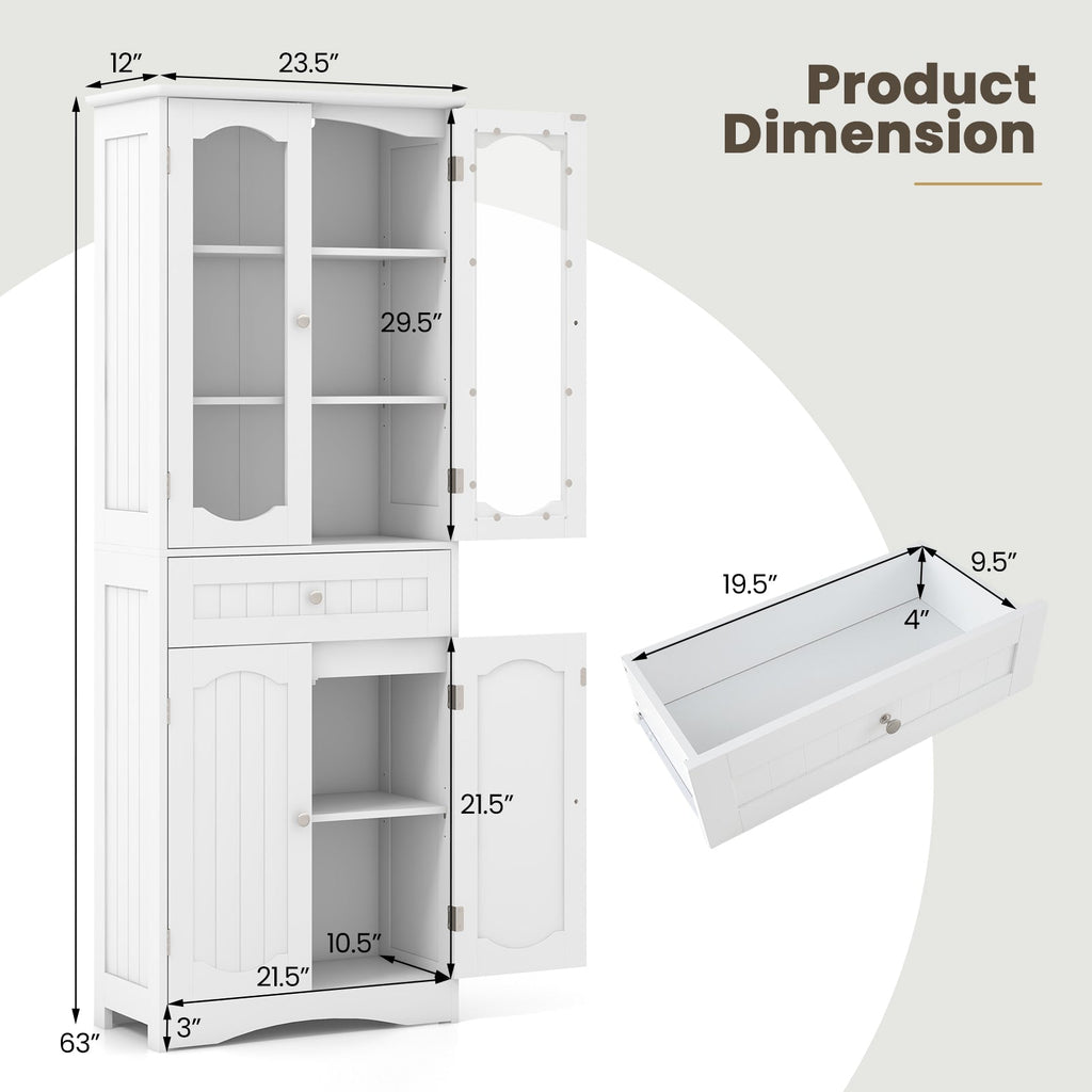 63 Inch Tall Bathroom Storage Cabinet with 2 Glass Doors and Adjustable Shelves Drawer