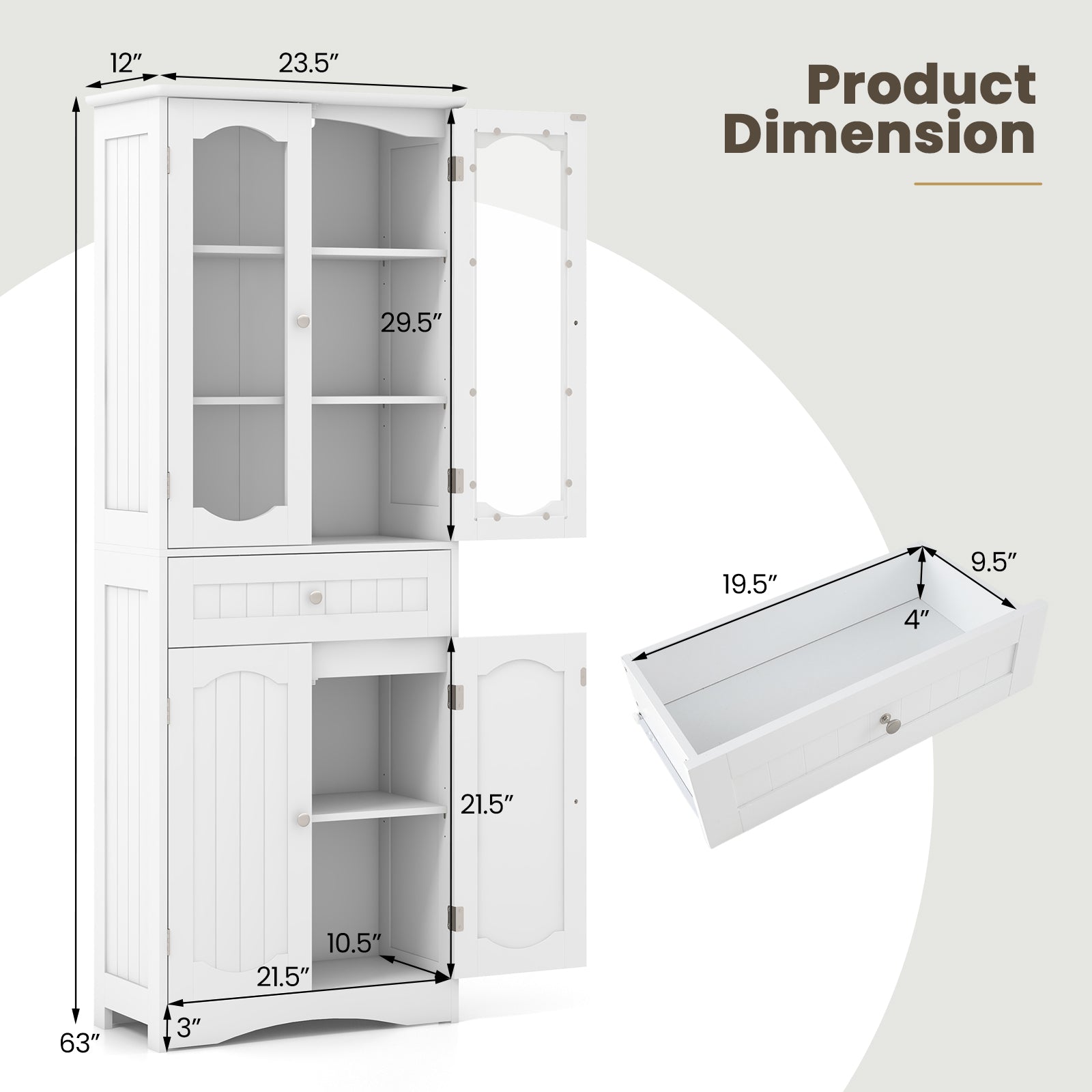 63 Inch Tall Bathroom Storage Cabinet with 2 Glass Doors and Adjustable Shelves Drawer